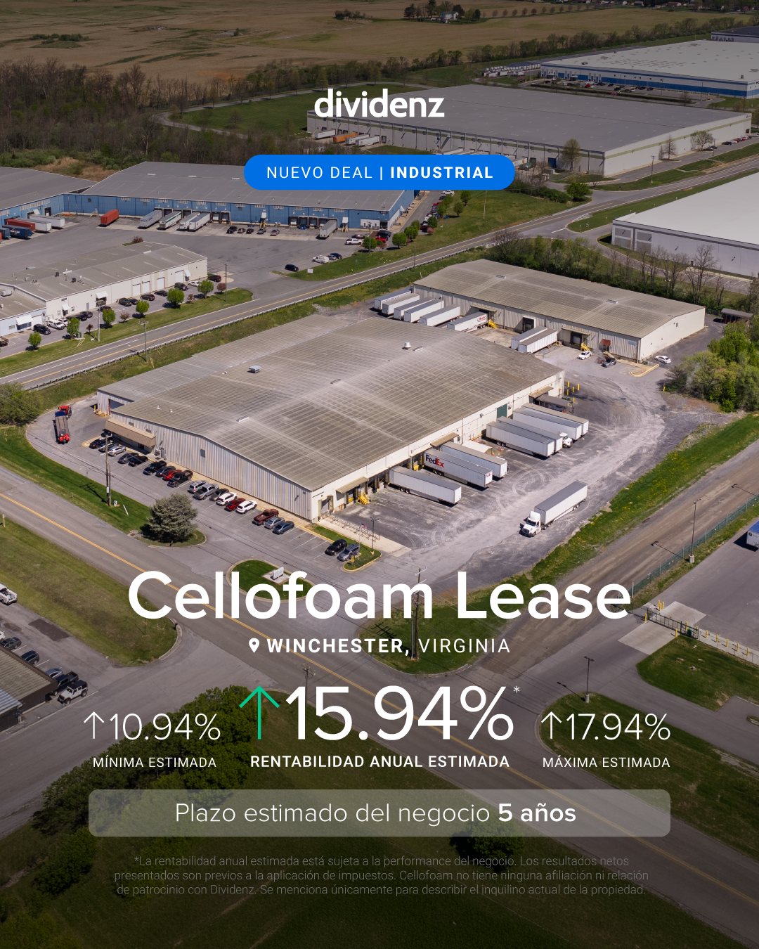 Vista aérea de un inmueble industrial asociado a Cellofoam Lease
